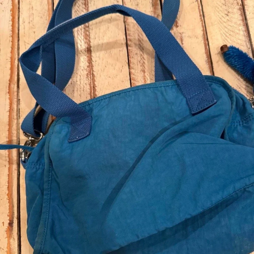 Kipling Blue Crinkle Nylon Crossbody Bag with Monkey Keychain Dual Handle